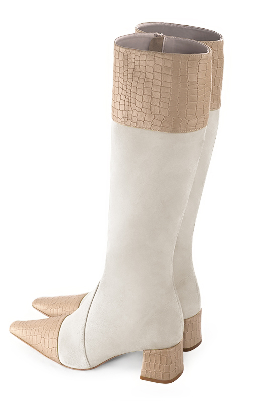 Tan beige and off white women's feminine knee-high boots. Tapered toe. Medium block heels. Made to measure. Top view - Florence KOOIJMAN
